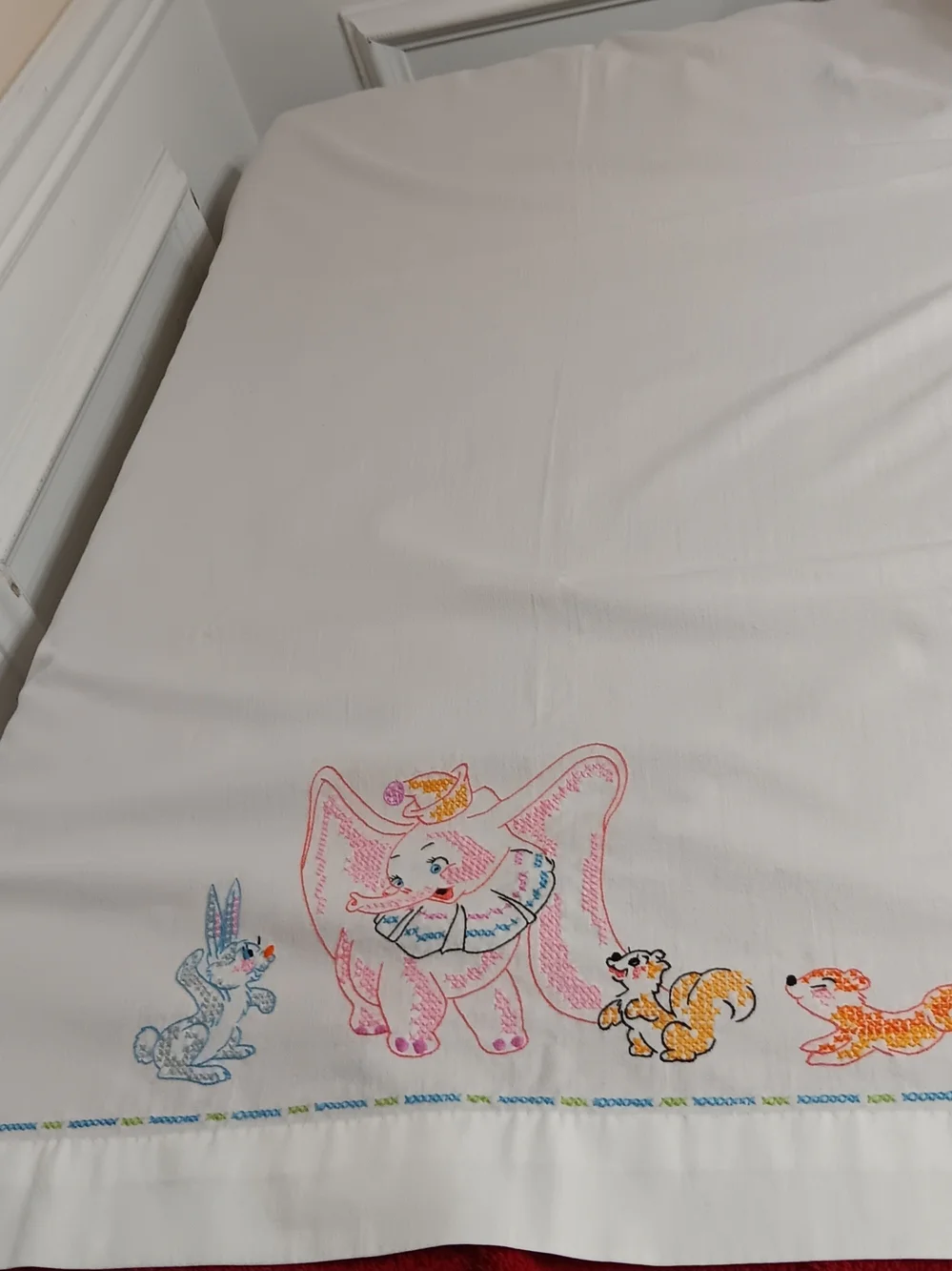Embroidered Elephant & Bunny Vintage Cotton Crib Sheet Set - Pink, Blue, Cream